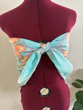 Turquoise Floral Silk Taffeta Scarf
